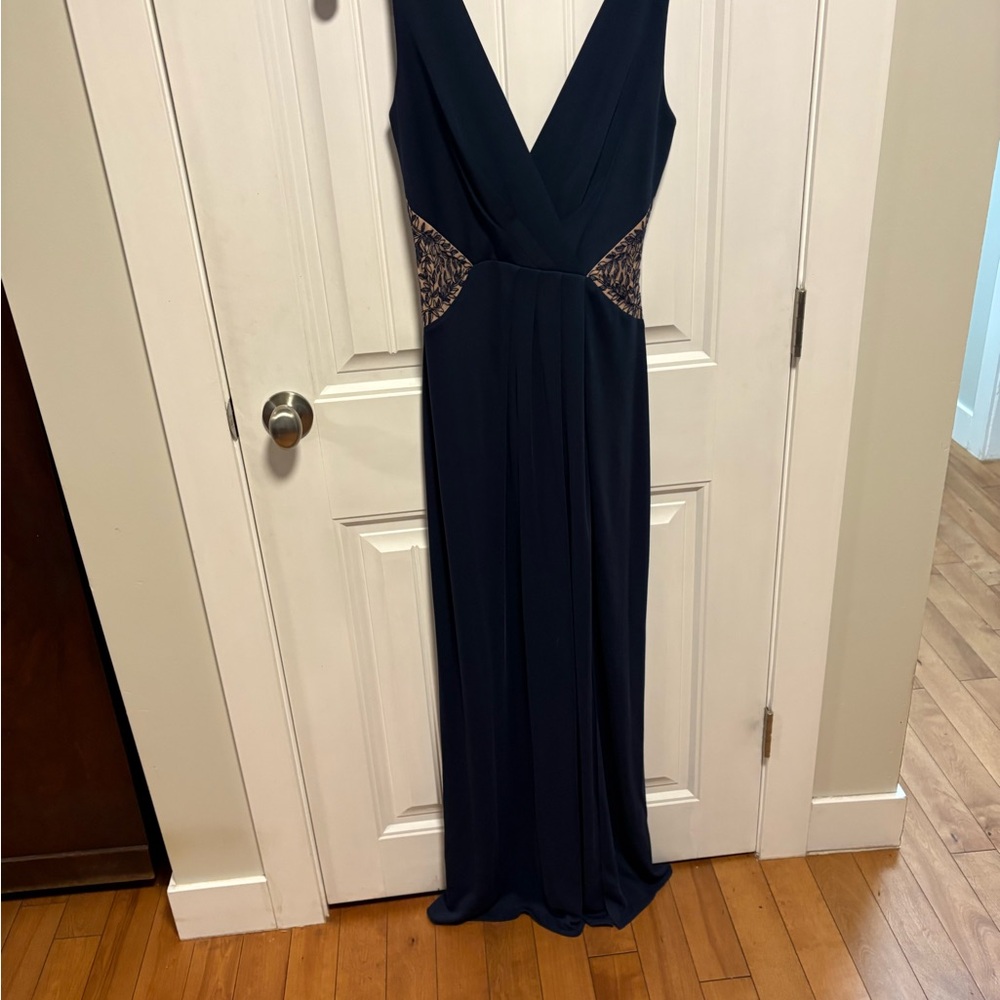 BCBG Midnight Blue Backless Gown with Lace Details
